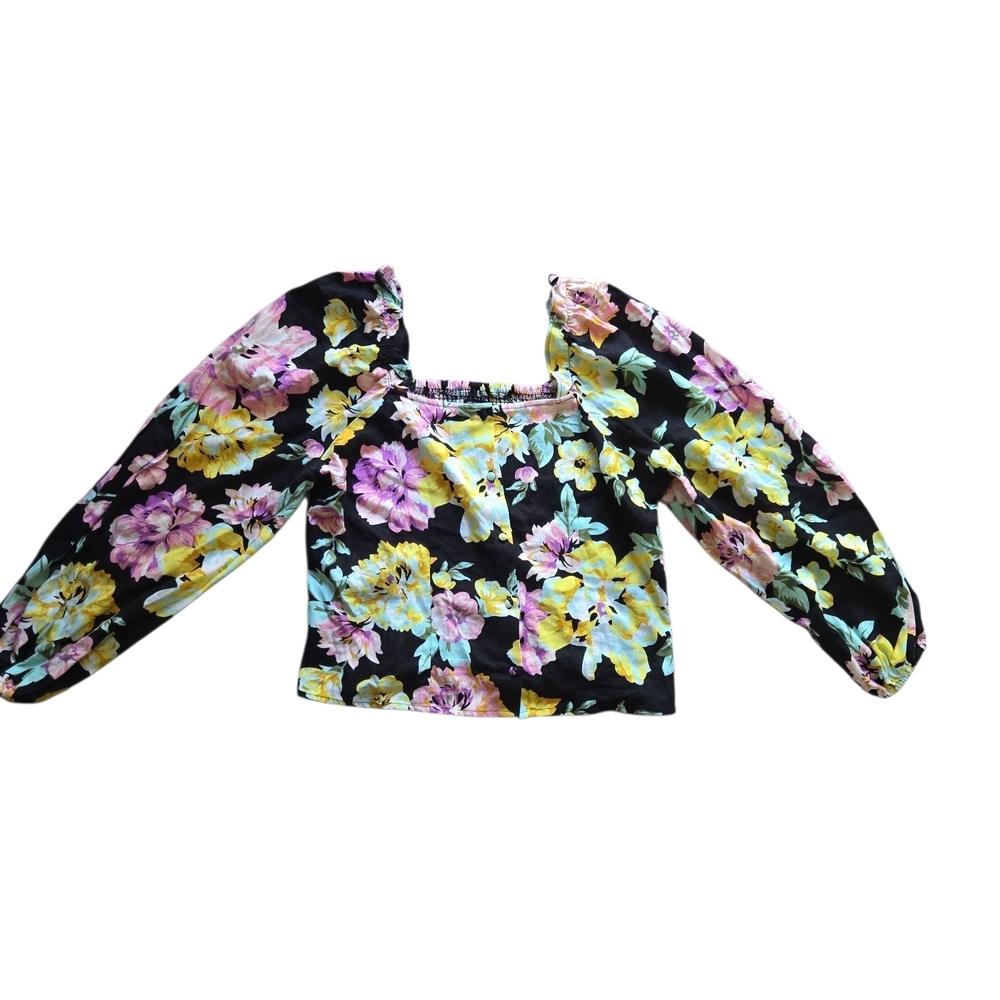 Who What Wear Black Floral Puff Long Sleeve Linen-Blend‎ Top – Large